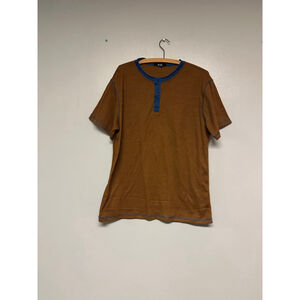 Men's Ouku Short Sleeve Tee XL Brown Blue Henley waffle knit casual comfortable
